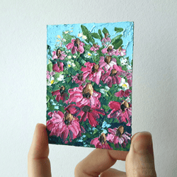 echinacea original oil aceo painting daisies impasto miniature artwork