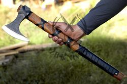 hand forged viking bearded axe gift, viking battle axe with leather axe sheath & leather wrapped axe handle, custom axe