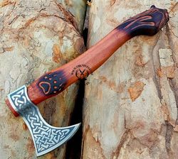 custom axe gift with valkyrie symbol carving, viking axe, bearded axe for camping, hiking, reenactment, birthday gifts