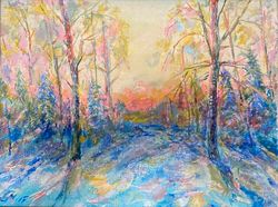 landscape painting with acrylic on canvas "before christmas", size 12x16 inches, beautiful winter nature, a great gift.