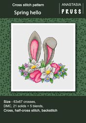 spring hello cross stitch pattern easter bunny embroidery flowers design pdf