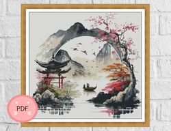 asian landscape cross stitch pattern , japanese garden , pdf file , romantic couple , asian style,cherry blossom