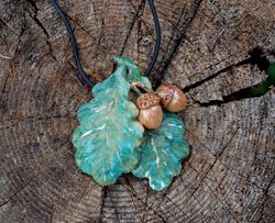 oak leaves acorns ceramic necklace leaf pendant natural style forest jewelry botanical necklace nature accessories boho