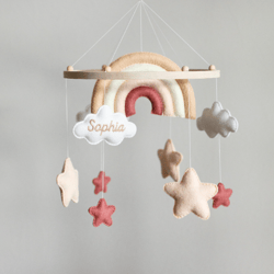 custom rainbow, stars and cloud baby mobile - handcrafted, soft felt nursery decor