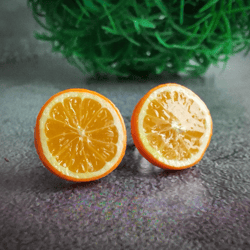 orange funny stud earrings and pin are fruit citrus weird funky quirky earrings