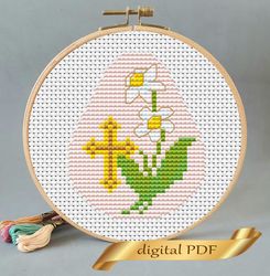 easter egg pattern pdf cross stitch, easy embroidery diy, small pattern daffodils