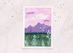 pink sunset aceo painting postcard original watercolor painting tiny painting mini painting 2.5x3.5