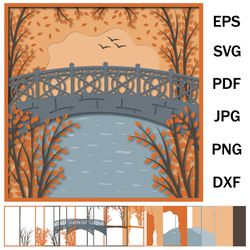 multi-layered postcard with 3d landscape, autumn bridge