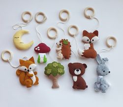 woodland theme hanging baby gym toys, woodland nursery decor, hanging animal activity gym toy, mountain play gy