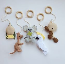 australian animals hanging baby gym toys, felt kangaroo cockatoo nursery decor, animal activity gym toy, aussie baby