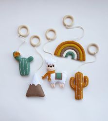 llama play gym toys, cactus, mountain baby play gym toys, boho baby play gym toys, wooden baby gym toy, baby shower gift