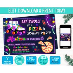 editable roller skate birthday invitation corjl template girl skating and pizza invitation neon skating party invite