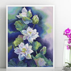 white lotus cross stitch,  flowers cross stitch pattern, flower bouquet cross stitch, plants cross stitch