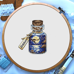 landscape cross stitch patterns, japanese night landscape with cherry blossoms in bottle, night sky cross stitch, moon lights cross stitch