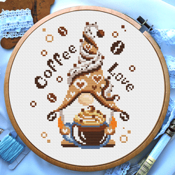 gnome cross stitch pattern, coffee cross stitch, teacup cross stitch, kitchen cross stitch, baby small cross stitch, digital pdf