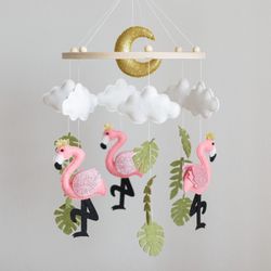 handcrafted flamingo and safari themed felt baby mobile - customizable nursery decor