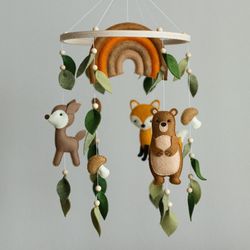 handcrafted fox, bear, deer and woodland themed felt baby mobile - customizable nursery decor