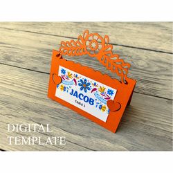 svg template of mexican place card, fiesta escort card, papel picado wedding seating card cricut, laser cut table name