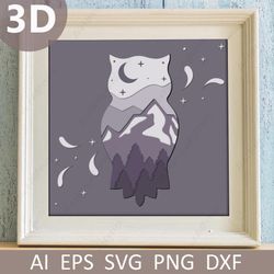 shadow box with mountain and owl svg, 3d layered papercut wall decor