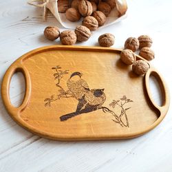 wooden tray for tea or coffee with engraved birds, oval hardwood oak serving board, rustic tea and coffee tray