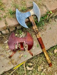 medieval warrior double headed battle axe with leather sheath, labrys, handmade carbon steel two sided axe,