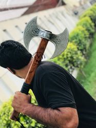 carbon steel viking axe with leather sheath, ancient greek labrys axe, medieval double headed warrior throwing axe,