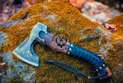 leather wrapped bearded viking axe and leather sheath with custom engraving options, carbon steel throwing axe,