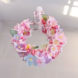 blossom flower pink rose bracelet floral handmade jewelry gift for her