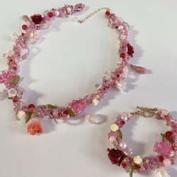 red blush rose flower floral necklace bracelet whole set gift for her handmade jewelry