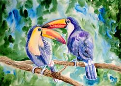 toucan painting original art bird watercolor couple artwork