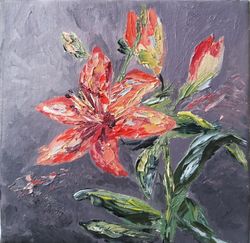 red lily oil painting, flowers oil original painting, still life features