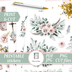 printable watercolor flowers planner stickers, floral frames, die cut stickers, boho journal kit garden journal planner