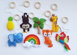 safari baby play gym, rainbow mobile, wooden gym frame, african animals, montessori, activity gym toys