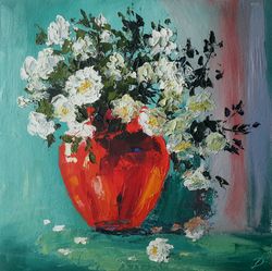 roses vase original oil painting flowers impasto floral square artwork