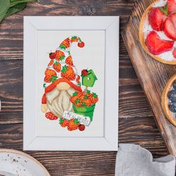 strawberry gnome, cross stitch pattern, summer cross stitch, counted cross stitch, strawberry cross stitch, gnome cross