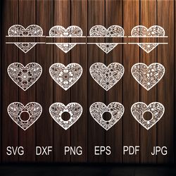 floral lace hearts svg bundle, heart monogram frame templates for laser, paper, vinyl cut, silhouette cameo, cricut