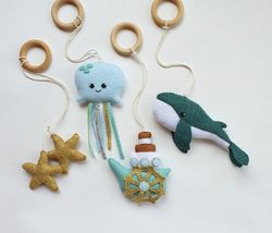 sea baby play gym, wooden baby gym with toy, infant activity center, ocean animals, baby shower gift, whale play gym toy