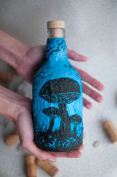 mystical mushroom forest, decorative alcohol bottle, bottle collecting, embossed bottle, papier mache bottle, mistique