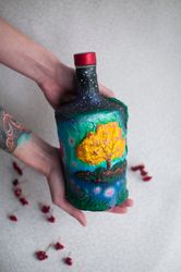 fantasy forest bottle, decorative alcohol bottle, bottle collecting, embossed bottle, papier mache bottle