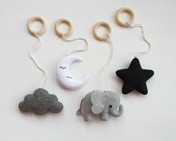 elephant hanging baby gym toys, play gym felt toys, elephant decor, animal activity gym toy, monochrome toy, nursery