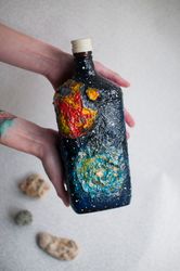 space bottle, planets, stars, decorative alcohol bottle, bottle collecting, embossed bottle, papier mache bottle