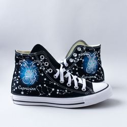 capricorn converse, high top black sneakers with zodiac sign, custom hand painted astrology shoes