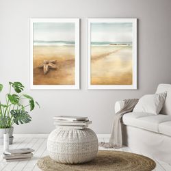 large coastal art prints set of 2 starfish watercolor painting minimal seascape landscape wall art beige and green blue