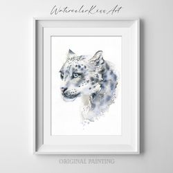 original watercolor painting, wall art - snow leopard, 7x10 inch