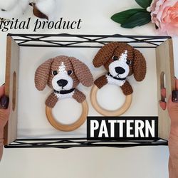 crochet pattern baby rattle beagle, amigurumi pattern teether, newborn toy, baby toy pattern, puppy pattern