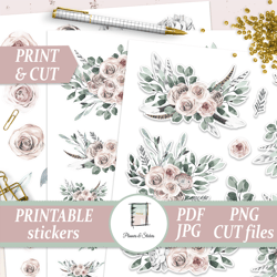 printable boho flowers planner stickers, watercolor floral bouquets die cuts, journal sticker pack, pastel color