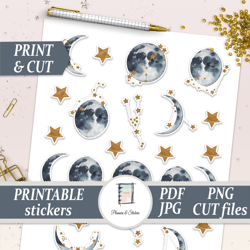 constellation and moon stickers, zodiac decals, watercolor journal kit, lunar calendar, gold stars printables planner