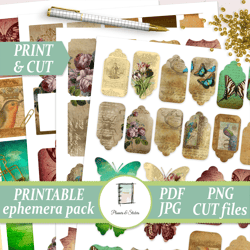 vintage botanical junk journal printable ephemera pack, scrapbooking elements, fussy cut collage, die cut, crafting