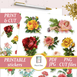 printable floral planner stickers, vintage flowers die cuts, embellishment scrapbook, botanical journal, victorian roses