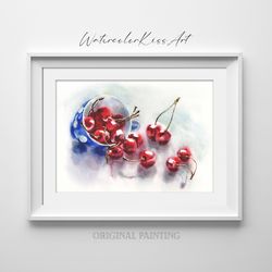 original watercolor painting, wall art – cherries, still life, 7x10 inch inch